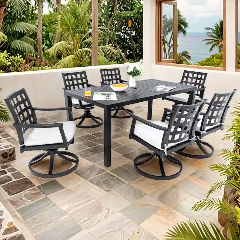 Ensemble de salle à manger d'extérieur moderne et classique 7 pièces, comprenant une table rectangulaire et six chaises de salle à manger pivotantes style rock.