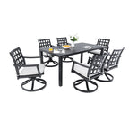 Ensemble de salle à manger d'extérieur moderne et classique 7 pièces, comprenant une table rectangulaire et six chaises de salle à manger pivotantes style rock.