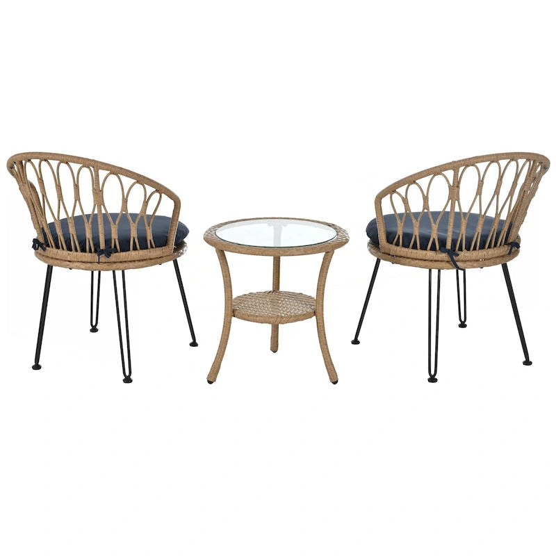 Deux chaises individuelles en rotin avec une table ronde en verre