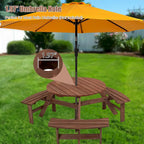 Ensemble table et chaises rondes 6 places avec 3 bancs intégrés, table de pique-nique en bois pour terrasse, pelouse et jardin.