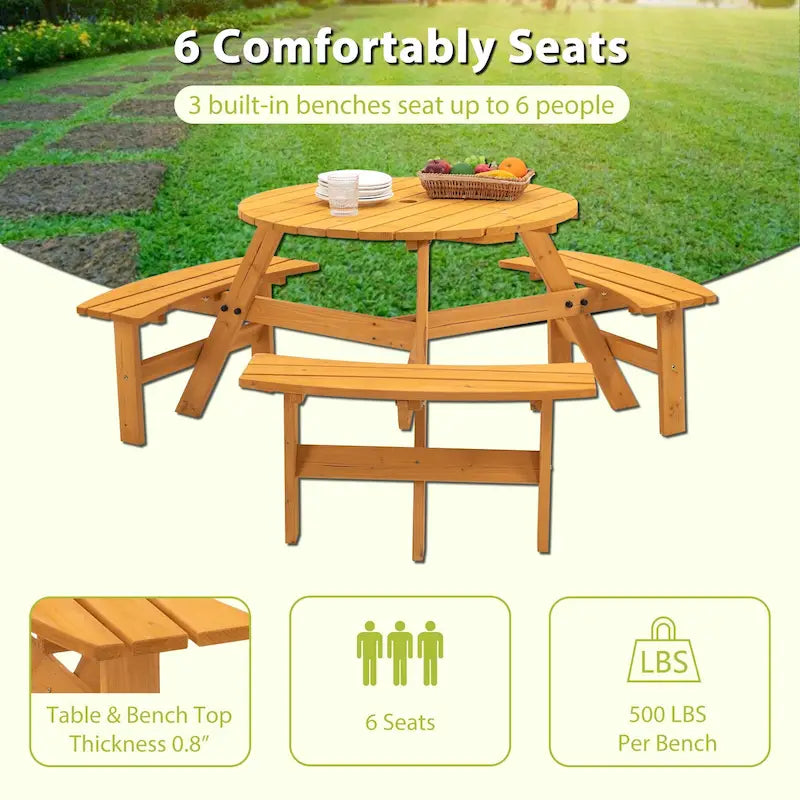 Ensemble table et chaises rondes 6 places avec 3 bancs intégrés, table de pique-nique en bois pour terrasse, pelouse et jardin.