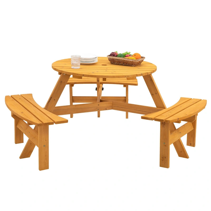 Ensemble table et chaises rondes 6 places avec 3 bancs intégrés, table de pique-nique en bois pour terrasse, pelouse et jardin.