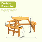 Ensemble table et chaises rondes 6 places avec 3 bancs intégrés, table de pique-nique en bois pour terrasse, pelouse et jardin.