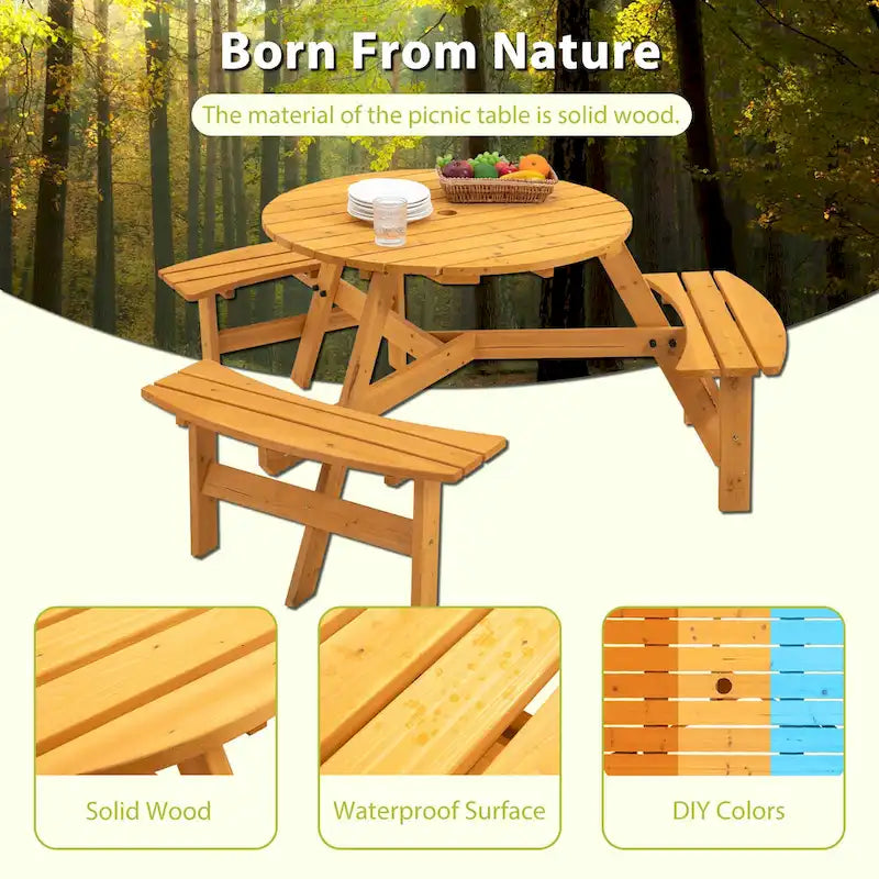 Ensemble table et chaises rondes 6 places avec 3 bancs intégrés, table de pique-nique en bois pour terrasse, pelouse et jardin.