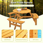 Ensemble table et chaises rondes 6 places avec 3 bancs intégrés, table de pique-nique en bois pour terrasse, pelouse et jardin.