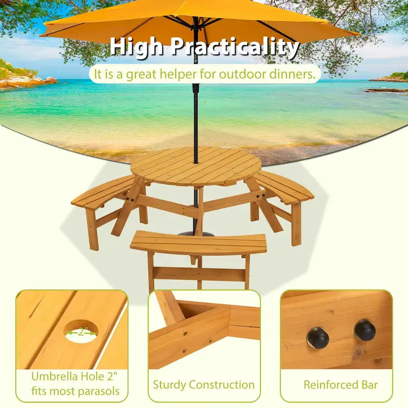 Ensemble table et chaises rondes 6 places avec 3 bancs intégrés, table de pique-nique en bois pour terrasse, pelouse et jardin.