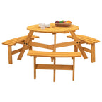 Ensemble table et chaises rondes 6 places avec 3 bancs intégrés, table de pique-nique en bois pour terrasse, pelouse et jardin.