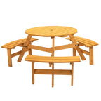 Ensemble table et chaises rondes 6 places avec 3 bancs intégrés, table de pique-nique en bois pour terrasse, pelouse et jardin.