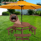 Ensemble table et chaises rondes 6 places avec 3 bancs intégrés, table de pique-nique en bois pour terrasse, pelouse et jardin.