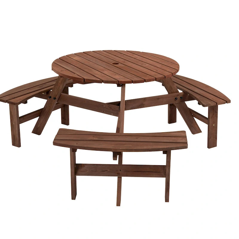 Ensemble table et chaises rondes 6 places avec 3 bancs intégrés, table de pique-nique en bois pour terrasse, pelouse et jardin.