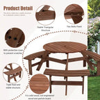 Ensemble table et chaises rondes 6 places avec 3 bancs intégrés, table de pique-nique en bois pour terrasse, pelouse et jardin.