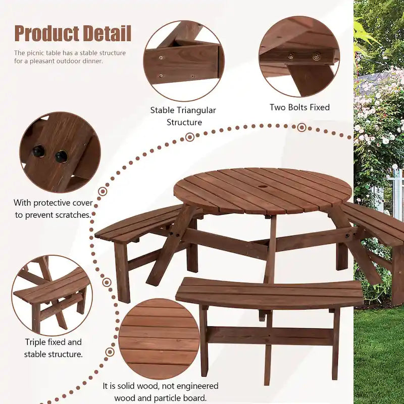 Ensemble table et chaises rondes 6 places avec 3 bancs intégrés, table de pique-nique en bois pour terrasse, pelouse et jardin.
