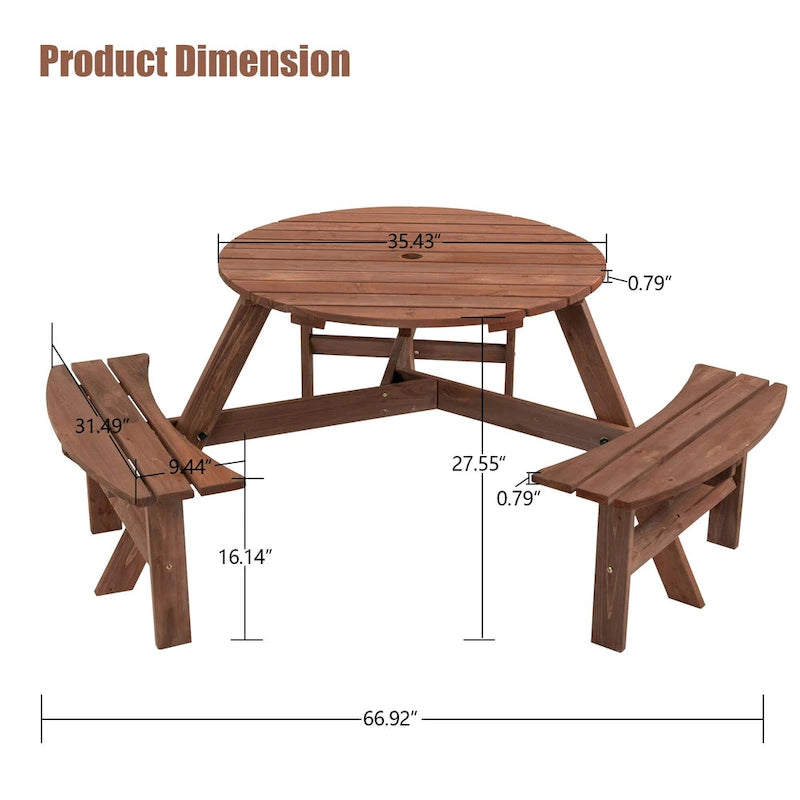 Ensemble table et chaises rondes 6 places avec 3 bancs intégrés, table de pique-nique en bois pour terrasse, pelouse et jardin.