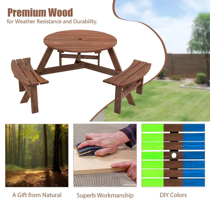 Ensemble table et chaises rondes 6 places avec 3 bancs intégrés, table de pique-nique en bois pour terrasse, pelouse et jardin.