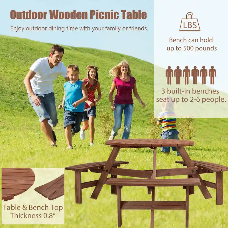 Ensemble table et chaises rondes 6 places avec 3 bancs intégrés, table de pique-nique en bois pour terrasse, pelouse et jardin.