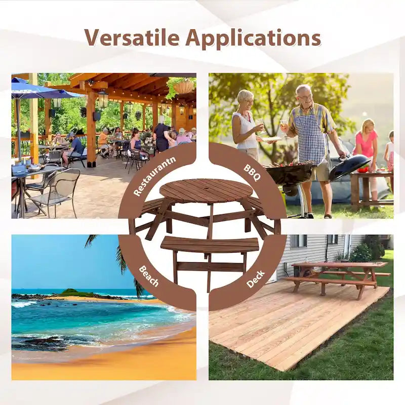 Ensemble table et chaises rondes 6 places avec 3 bancs intégrés, table de pique-nique en bois pour terrasse, pelouse et jardin.