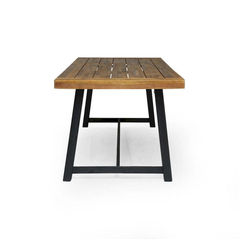 Ensemble de salle à manger d'extérieur 7 pièces en bois d'acacia : table rectangulaire avec 6 coussins amovibles et chaises avec accoudoirs.