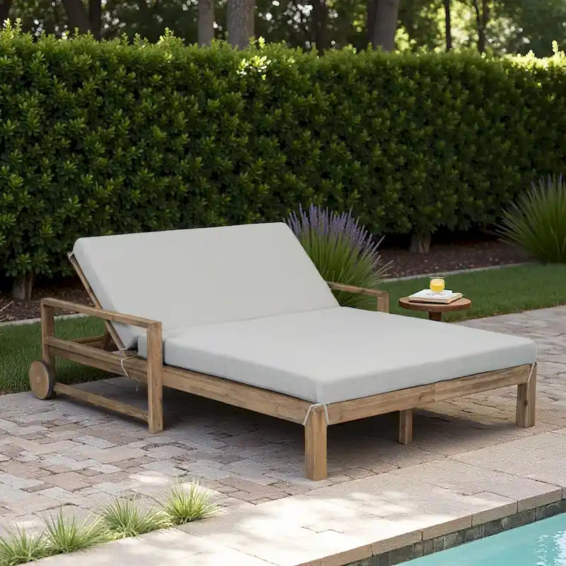 Bain de soleil double en bois massif pour terrasse extérieure, avec dossier réglable et roulettes