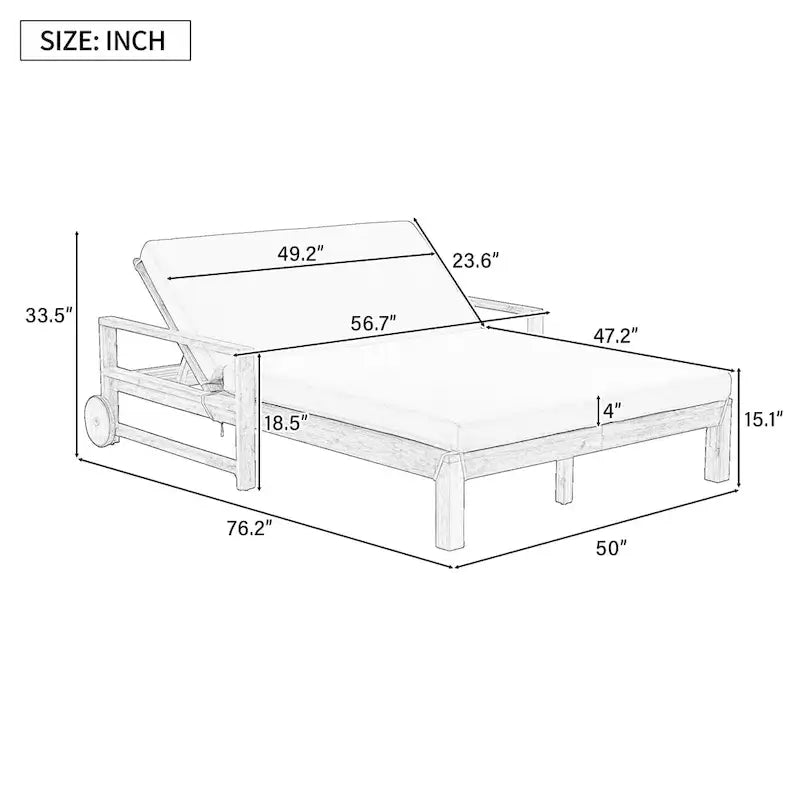 Bain de soleil double en bois massif pour terrasse extérieure, avec dossier réglable et roulettes