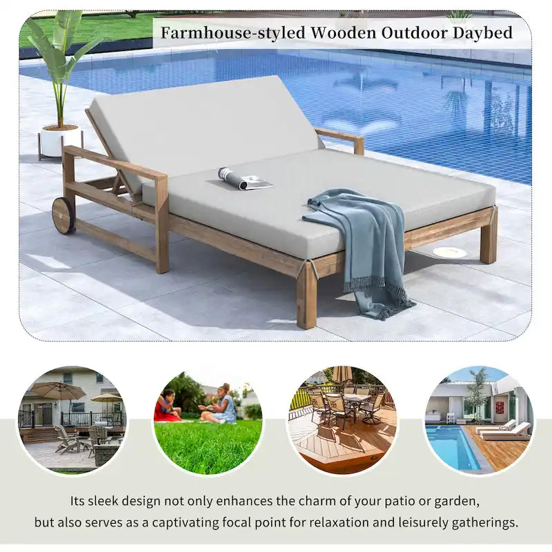 Bain de soleil double en bois massif pour terrasse extérieure, avec dossier réglable et roulettes