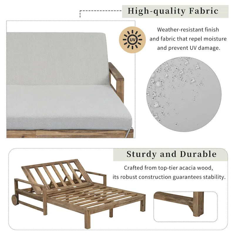 Bain de soleil double en bois massif pour terrasse extérieure, avec dossier réglable et roulettes