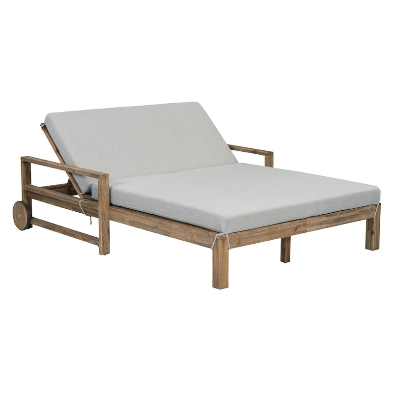 Bain de soleil double en bois massif pour terrasse extérieure, avec dossier réglable et roulettes