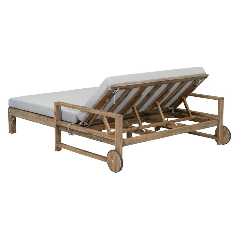 Bain de soleil double en bois massif pour terrasse extérieure, avec dossier réglable et roulettes