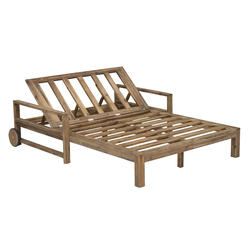 Bain de soleil double en bois massif pour terrasse extérieure, avec dossier réglable et roulettes