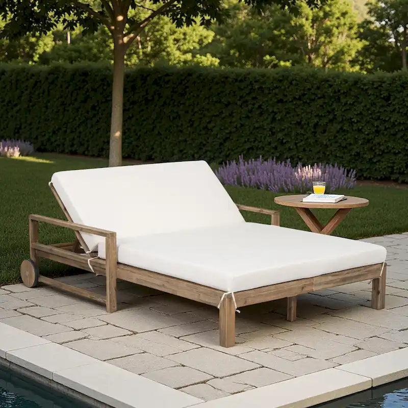 Bain de soleil double en bois massif pour terrasse extérieure, avec dossier réglable et roulettes