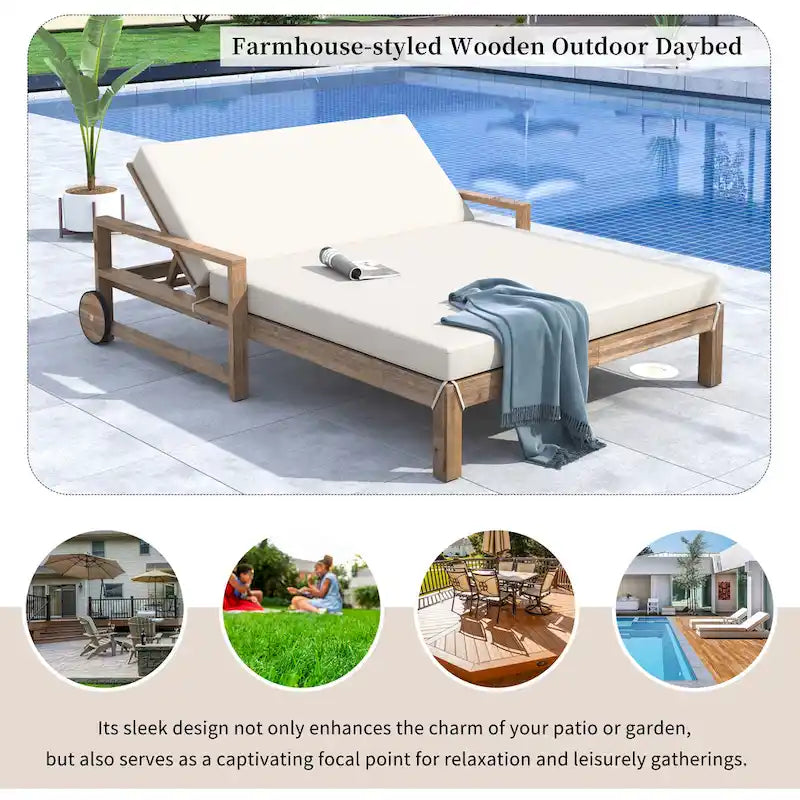 Bain de soleil double en bois massif pour terrasse extérieure, avec dossier réglable et roulettes