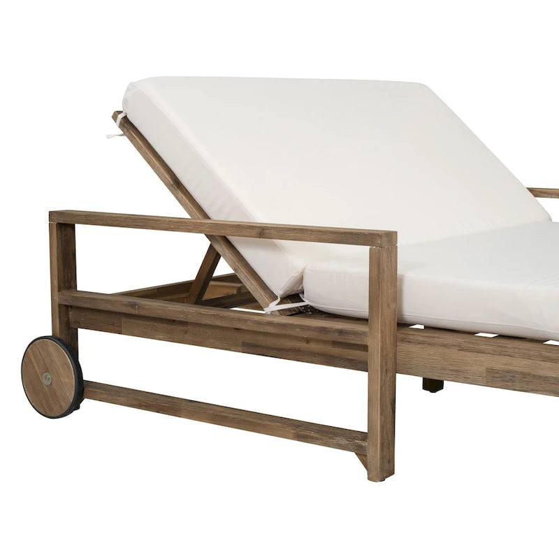 Bain de soleil double en bois massif pour terrasse extérieure, avec dossier réglable et roulettes