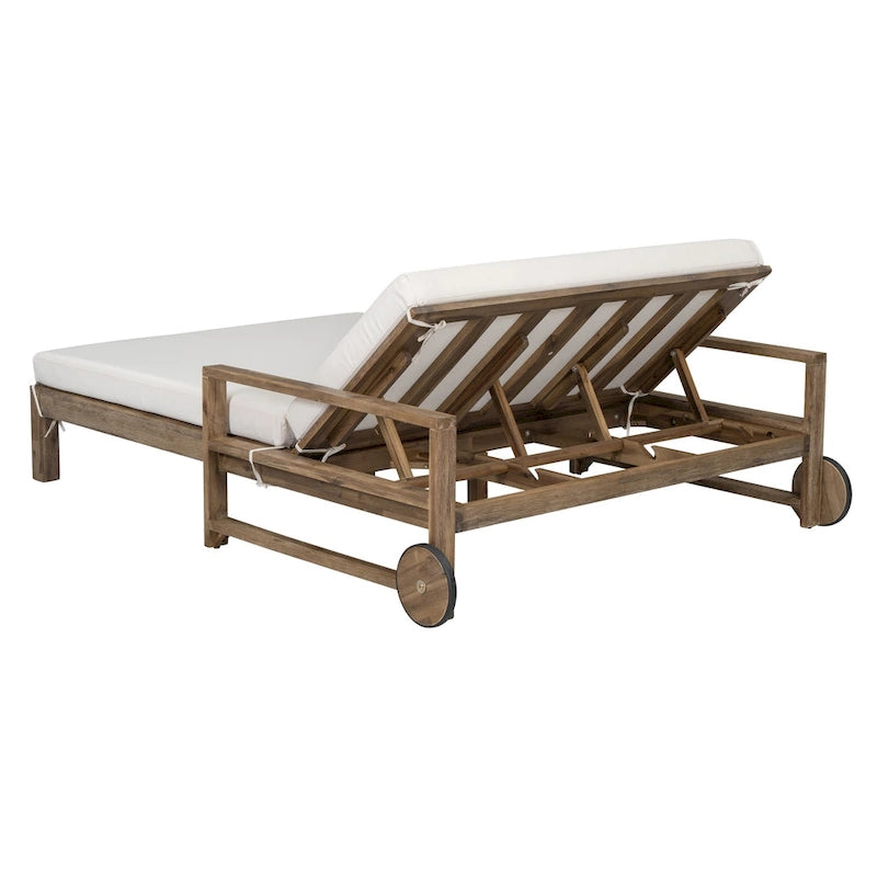 Bain de soleil double en bois massif pour terrasse extérieure, avec dossier réglable et roulettes