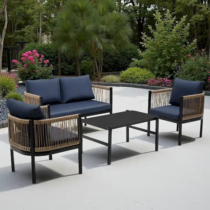 Ensemble de canapé de conversation en fer forgé 4 pièces pour patio extérieur avec table basse en verre trempé