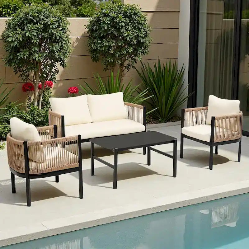 Ensemble de canapé de conversation en fer forgé 4 pièces pour patio extérieur avec table basse en verre trempé