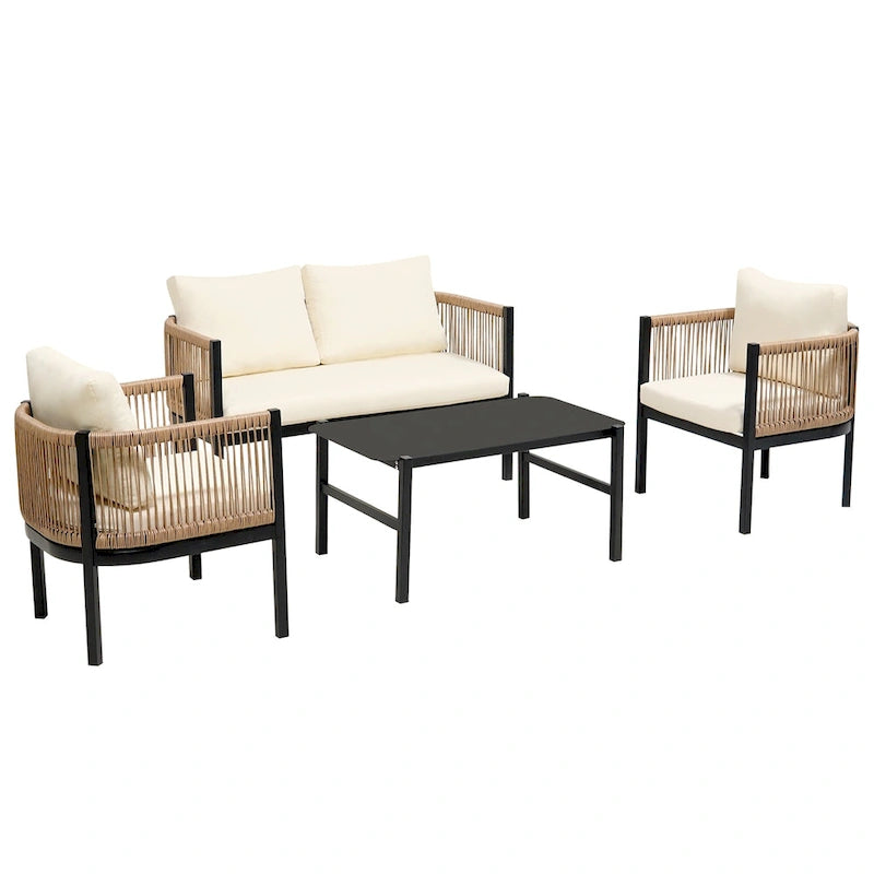 Ensemble de canapé de conversation en fer forgé 4 pièces pour patio extérieur avec table basse en verre trempé