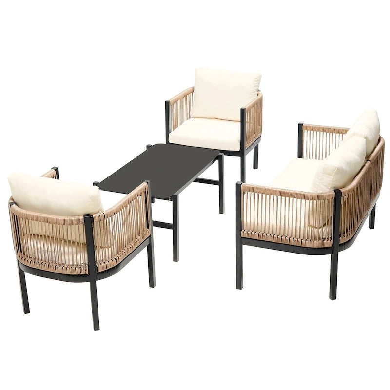 Ensemble de canapé de conversation en fer forgé 4 pièces pour patio extérieur avec table basse en verre trempé