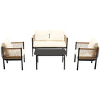Ensemble de canapé de conversation en fer forgé 4 pièces pour patio extérieur avec table basse en verre trempé