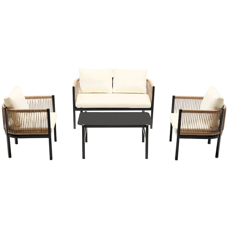 Ensemble de canapé de conversation en fer forgé 4 pièces pour patio extérieur avec table basse en verre trempé