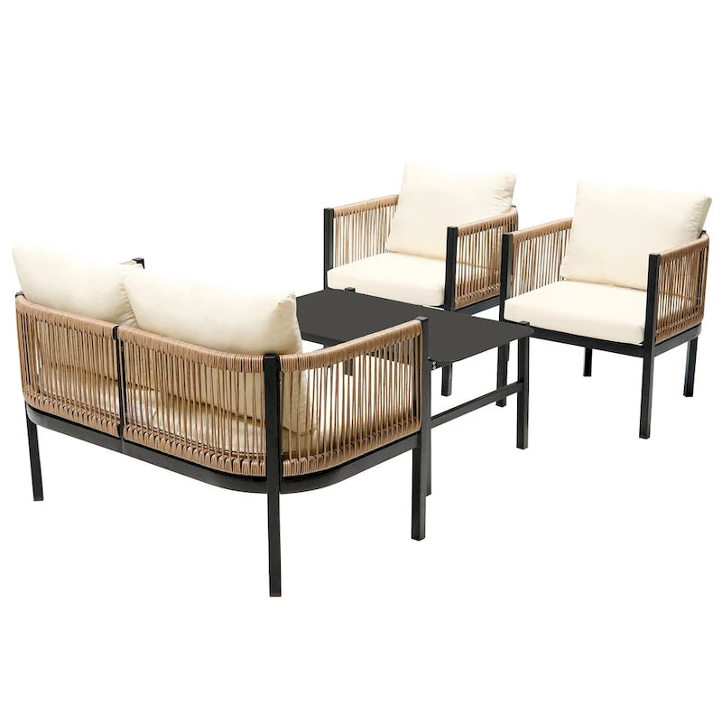 Ensemble de canapé de conversation en fer forgé 4 pièces pour patio extérieur avec table basse en verre trempé