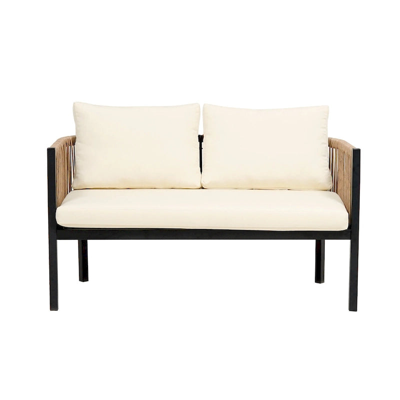 Ensemble de canapé de conversation en fer forgé 4 pièces pour patio extérieur avec table basse en verre trempé
