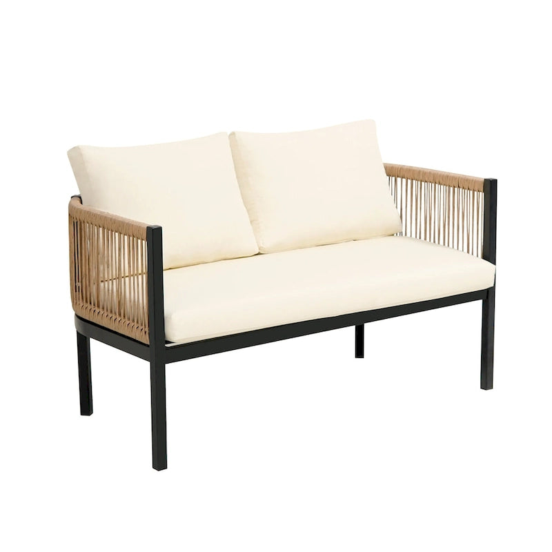 Ensemble de canapé de conversation en fer forgé 4 pièces pour patio extérieur avec table basse en verre trempé