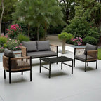 Ensemble de canapé de conversation en fer forgé 4 pièces pour patio extérieur avec table basse en verre trempé