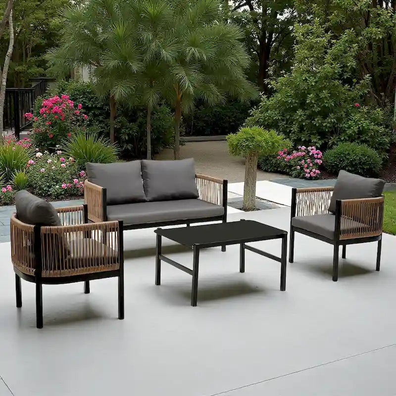 Ensemble de canapé de conversation en fer forgé 4 pièces pour patio extérieur avec table basse en verre trempé