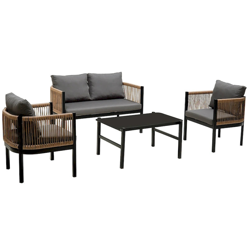 Ensemble de canapé de conversation en fer forgé 4 pièces pour patio extérieur avec table basse en verre trempé