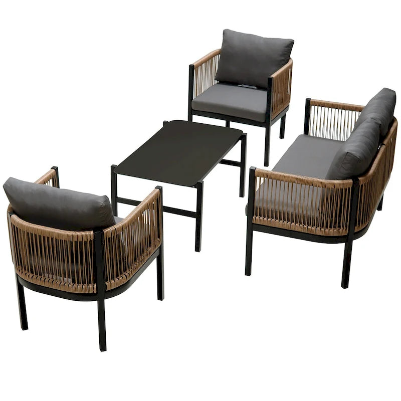 Ensemble de canapé de conversation en fer forgé 4 pièces pour patio extérieur avec table basse en verre trempé