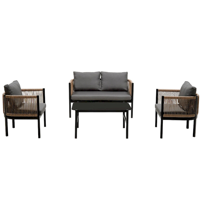 Ensemble de canapé de conversation en fer forgé 4 pièces pour patio extérieur avec table basse en verre trempé