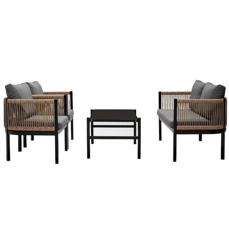 Ensemble de canapé de conversation en fer forgé 4 pièces pour patio extérieur avec table basse en verre trempé