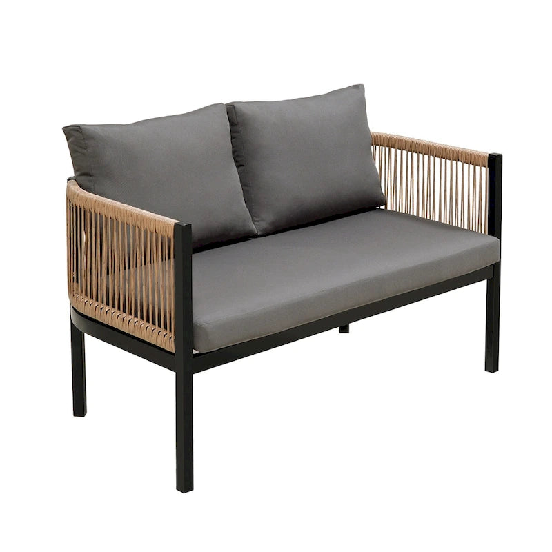 Ensemble de canapé de conversation en fer forgé 4 pièces pour patio extérieur avec table basse en verre trempé