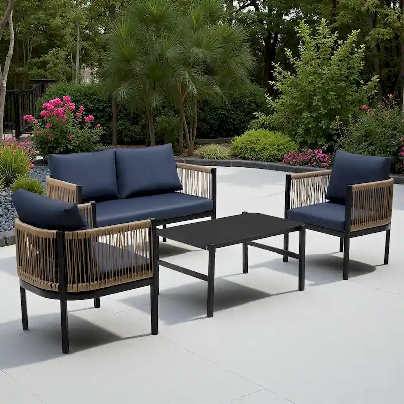 Ensemble de canapé de conversation en fer forgé 4 pièces pour patio extérieur avec table basse en verre trempé