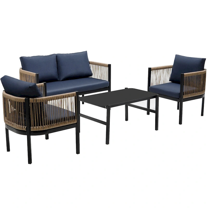 Ensemble de canapé de conversation en fer forgé 4 pièces pour patio extérieur avec table basse en verre trempé